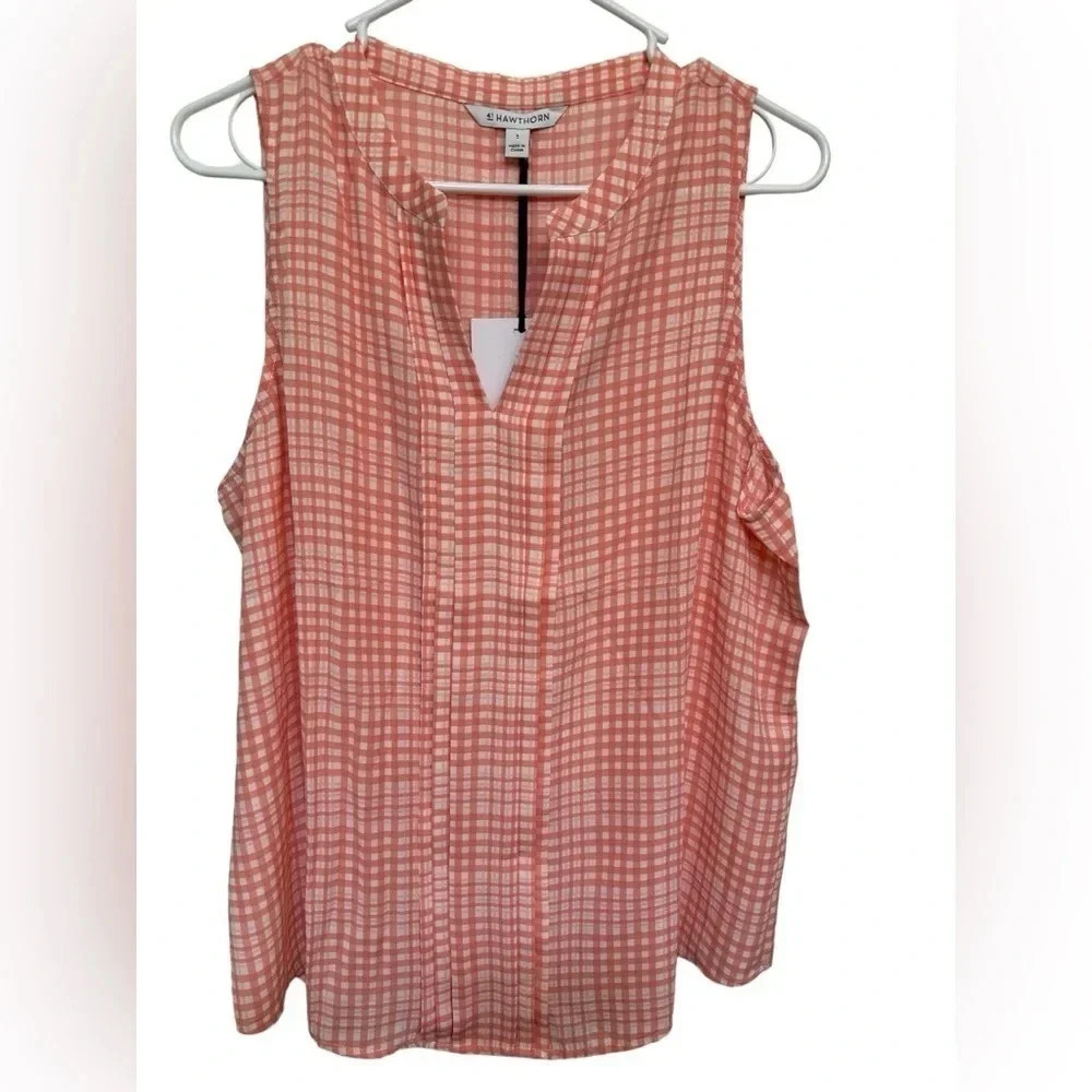 41 Hawthorn Breyson Pleated Sleeveless Blouse- Peach/white Check - Large - NWT